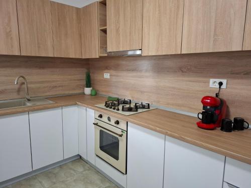 Una cocina con gabinetes blancos y un horno de estufa. en Casa Vila Pitești, en Piteşti