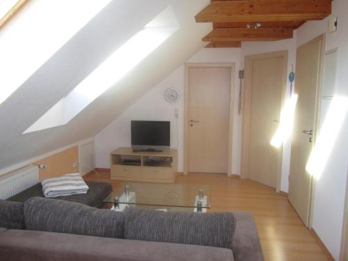 a living room with a couch and a tv at Ferienhaus Bolliger Apartment 3 in Kalkhorst