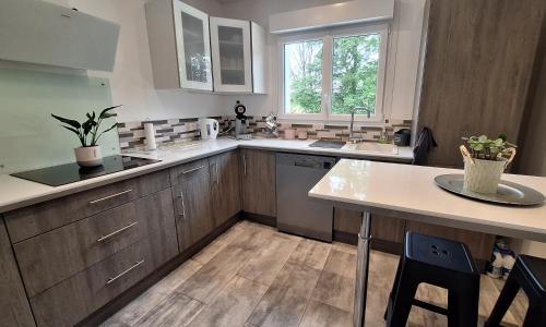 une cuisine avec des armoires en bois et un comptoir blanc dans l'établissement maison agréable avec terrasse, à Joinville