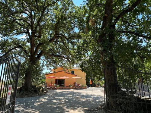 a house with a fence and trees in front of it at Villa Ustoma in Sorano