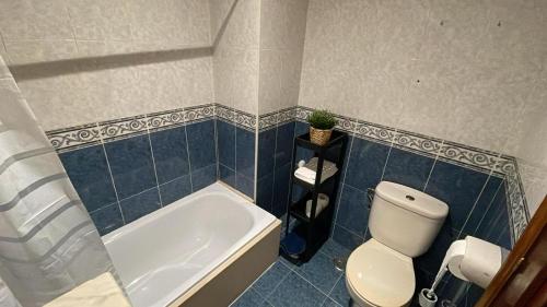 a bathroom with a white toilet and a tub and a toilet at Apartamento A Costa Da Morte in Santa Comba