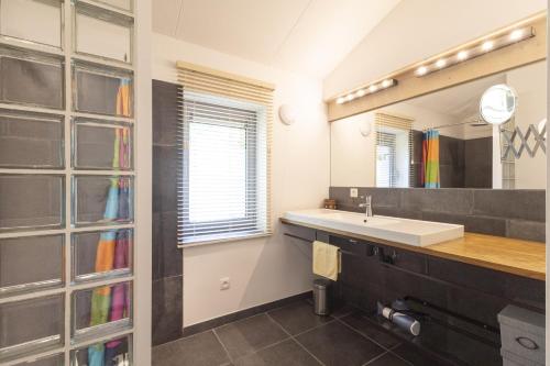 a bathroom with a sink and a mirror at Terre Rouge in Chambajour