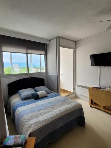 - une chambre avec un lit, 2 fenêtres et une télévision dans l'établissement Location de Vacances Saint Cyprien, à Saint-Cyprien