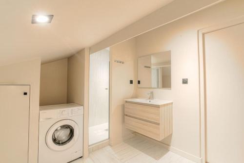 une salle de bain avec une machine à laver et un lavabo dans l'établissement T3 spacieux en duplex, 2 chambres, Villeurbanne, à Villeurbanne