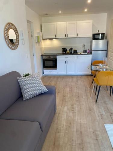 un salon avec un canapé et une cuisine dans l'établissement Charmant studio centre Apt au calme, à Apt