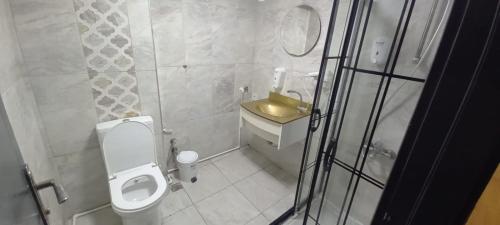 a small bathroom with a toilet and a sink at Grand Onur Hotel in Istanbul