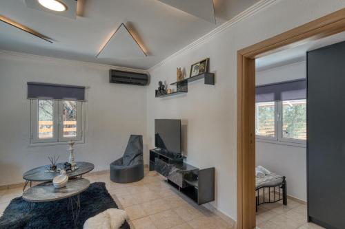 a living room with a tv and a table at Green Poetree Houses in Galatas