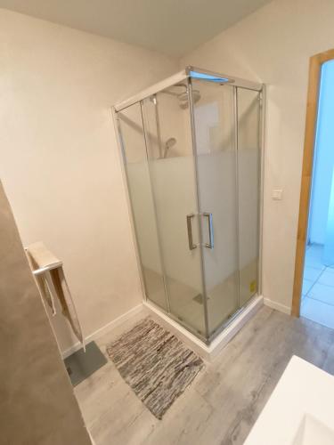 - une douche en verre dans une chambre avec un tapis dans l'établissement Bas de maison calme proche mer et Venise Provençale, à Martigues