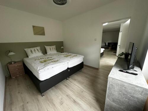 a bedroom with a bed and a flat screen tv at Haus Wijnen in Bad Bentheim