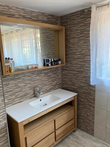 une salle de bain avec un lavabo et un miroir dans l'établissement magnifique villa avec piscine, à Antibes