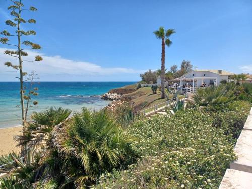 a beach with a palm tree and the ocean at Casa Salmar 40 meters from the sandy beach with wifi in Avola