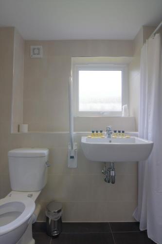 a bathroom with a toilet and a sink and a window at China Fleet Country Club in Saltash