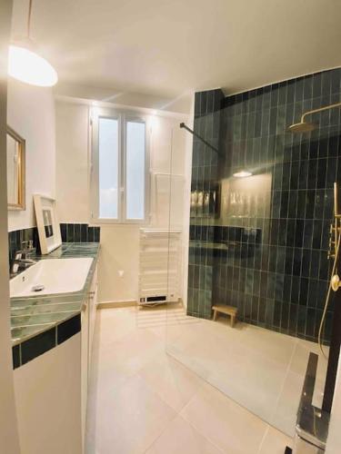 une salle de bain avec une douche en verre et un lavabo dans l'établissement 3 pièces lumineux paris Montmartre, à Paris