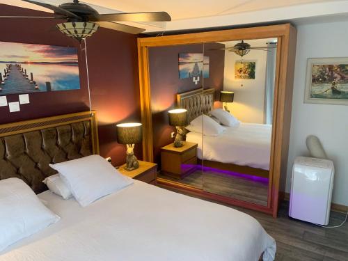 une chambre d'hôtel avec deux lits et un miroir dans l'établissement La grange en pierre - chic & piscine privée, à Queyssac