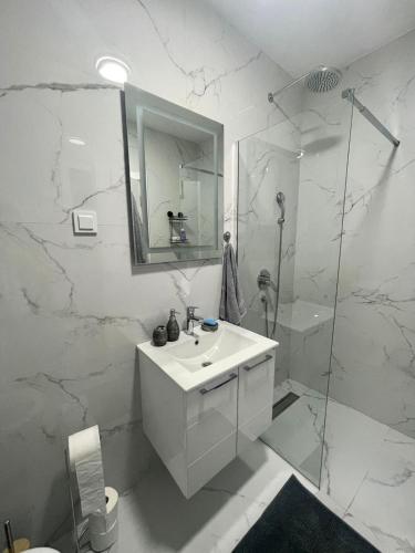 a white bathroom with a sink and a shower at Montenegro Suite Rental in Bar