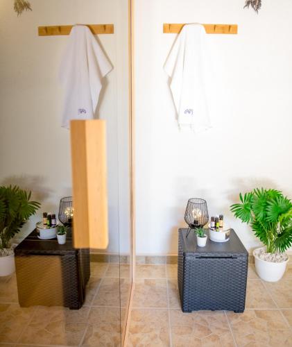 a room with two tables with potted plants at Orgona Vendégház Golop in Golop