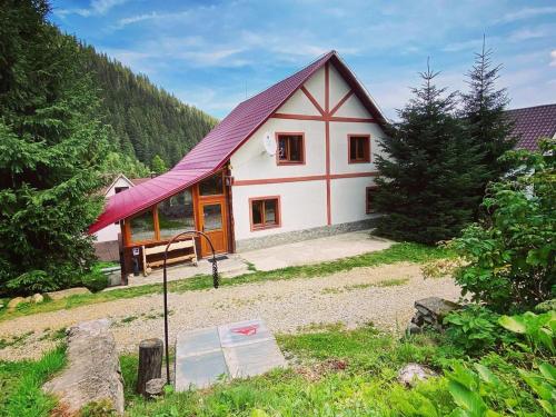 ein kleines Haus mit rotem Dach auf einem Feld in der Unterkunft Vila Artemis in Rausor