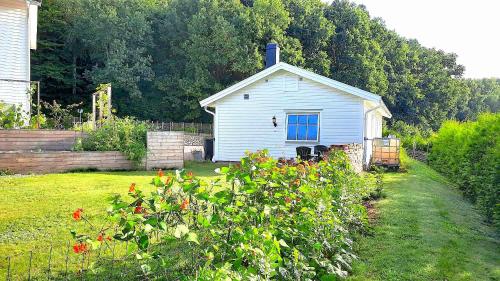 a small white house with a blue window in a yard at Boende - Stuga nära naturen, 3 km till Motala centrum, elbilsladdning finns på tomten - privat värd in Motala