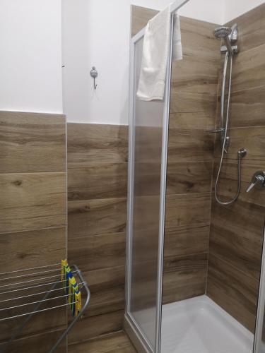 a shower with a glass door in a bathroom at Terracina Holiday Succursale in Terracina