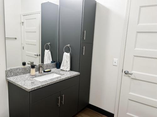 a bathroom with a sink and a mirror at Ballpark Spruce Studio in Saint Louis