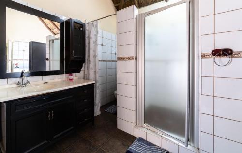 a bathroom with a shower and a sink at Thatch Haven Guesthouse in Centurion