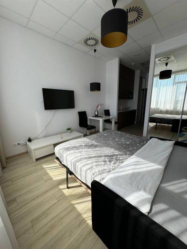 a bedroom with a large bed and a tv at Zlatarooms in Warsaw