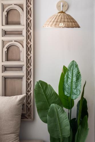 a lamp and a plant next to a mirror at Fancy Pyramids View Khan Giza's Gem in Cairo