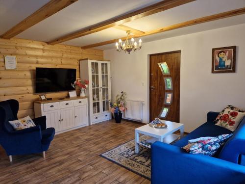 a living room with blue furniture and a flat screen tv at Siedlisko pod lipą in Józefów