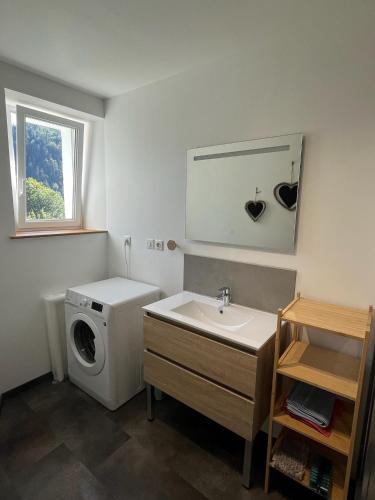 une salle de bain avec une machine à laver et un lavabo dans l'établissement Loft 5 personnes type chalet avec jardin, à Saint-Maurice-sur-Moselle