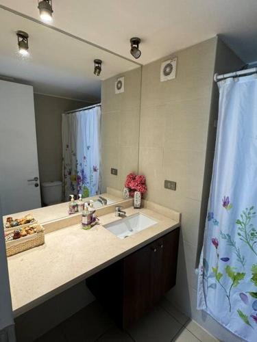 a bathroom with a sink and a large mirror at Apartamento Centro de Concepcion in Concepción