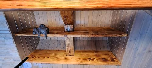 two cats sitting on a wooden shelf under a table at Apartmán Dračí údolí in Trutnov