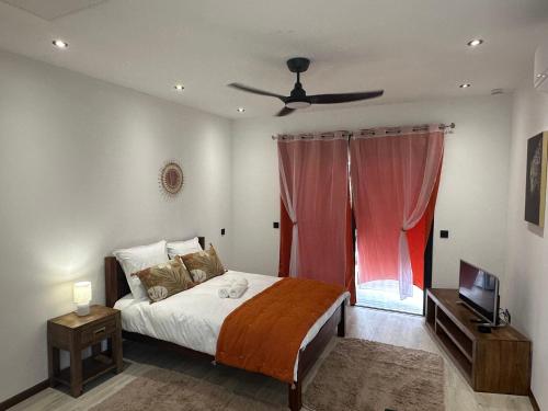 a bedroom with a bed and a ceiling fan at Studio a 50 metre de la mer in Cayenne