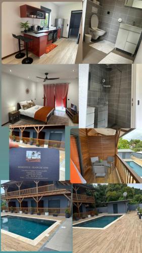 a collage of photos of a hotel with a pool at T1 avec piscine a 50 metre de la mer in Cayenne