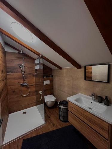a bathroom with a shower and a sink at Villa Granda in Visočane