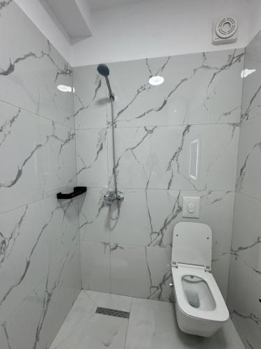 a bathroom with a toilet and a marble wall at Vata Apartments 2 in Kamëz