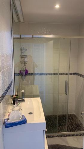 une salle de bain avec une douche en verre et un lavabo dans l'établissement Villa Provençale climatisée avec jardin, piscine, barbecue, sauna, à Mougins