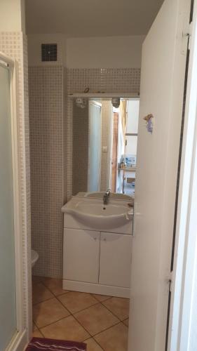 une salle de bain avec un lavabo et un miroir dans l'établissement T3 Centre, à Romans-sur-Isère