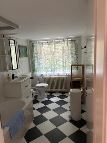 AmmersbekにあるFerienwohnungferienwohnungの黒と白のチェックフロアのバスルーム