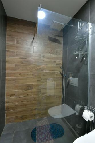 a bathroom with a glass shower with a toilet at Lux apartman Popovic in Zlatibor