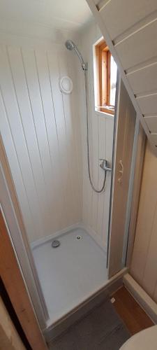 a small bathroom with a shower and a toilet at La Cab'Armande in Libramont
