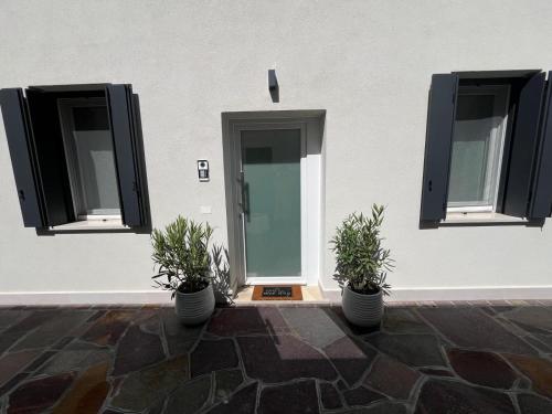 a building with three potted plants in front of a door at House of Flowers in Spinea