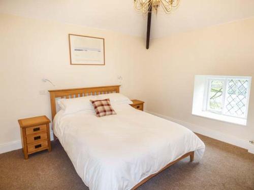 a bedroom with a white bed and a window at Beaver Grove Cottage in Betws-y-coed