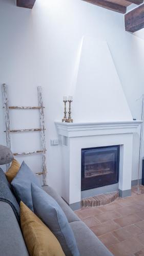 a living room with a couch and a fireplace at MontepulcianoLettings in Montepulciano