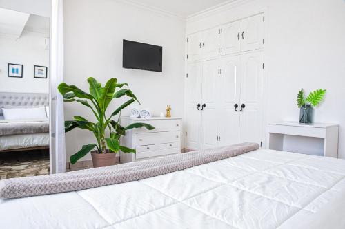 a white bedroom with a bed and a tv on the wall at Casa Palma 2 in La Paz