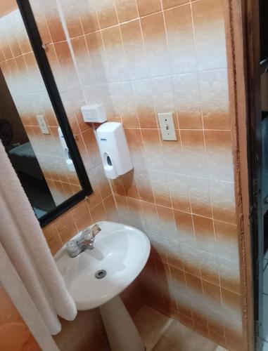 a bathroom with a white sink and a mirror at Chaleanor Hotel in Dangriga