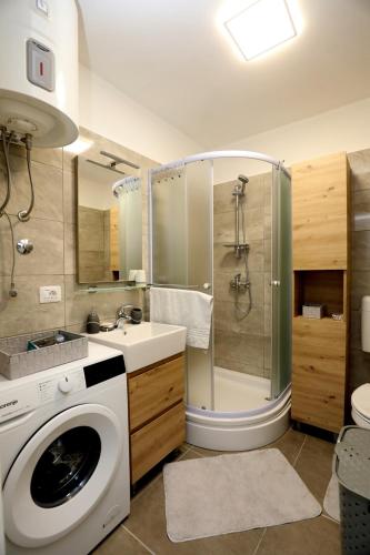 a bathroom with a washing machine and a shower at Apartment Ondina in Rijeka