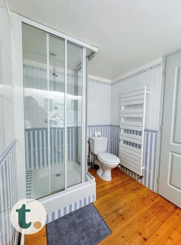 une salle de bain avec toilettes et douche en verre dans l'établissement Tranquiloue - Maison de charme à la campagne - PuyduFou, à Mouchamps