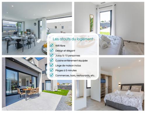 un collage de photos d'une maison avec une chambre et une table dans l'établissement Villa Mika à 5min de la plage, à Sérignan