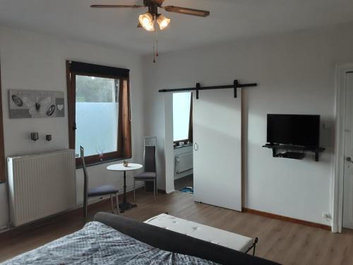 a living room with a bed and a flat screen tv at chantal&thierry in Éghezée