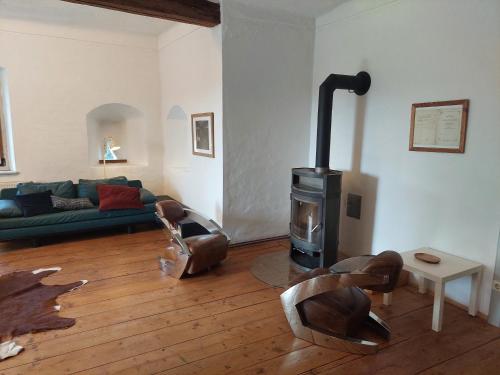 a living room with a green couch and a wood stove at Cool Flat at Renaissance Castle - 3BR in Ilz